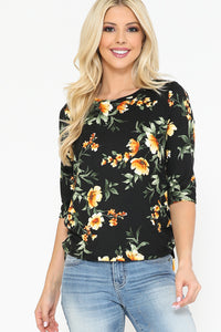 Spring Black Floral Top w/ Side Drawstrings