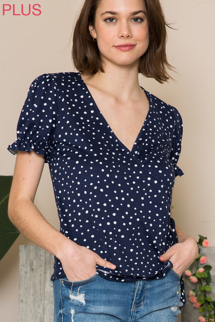 Dot  -Short gathered sleeve , V-neck, polka dot top