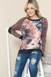 Rusty - Rust Tie Dye With Leopard Long Sleeve Top